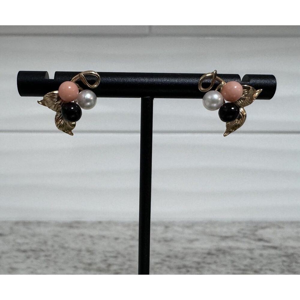 14k Gold Elegant Pearl Coral & Onyx Earrings Signed
